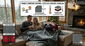 Illustration of a family cozying up on a living room couch with oversized full size blankets.