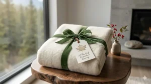 A luxury queen size blanket tied with a ribbon, ideal for housewarming gifts across Canada.