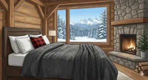 A cozy, stylized illustration of a rustic Canadian cabin bedroom with a fireplace, featuring heavy, textured merino wool luxury king size blankets and a buffalo plaid pillow, looking out at the snowy Rocky Mountains.