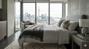 Minimalist grey luxury queen size blanket styled in a high-rise Toronto condo overlooking the city.
