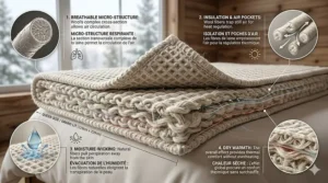 A technical illustration showing the breathability and moisture-wicking properties of Canadian wool queen size blankets.