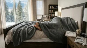 Humorous illustration of a tall person smiling because their feet are finally covered by a 108-inch long blanket.