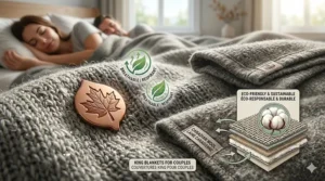 Illustration detailing the breathable, eco-friendly organic cotton materials used in premium king blankets for couples.