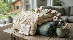 Detailed photorealistic close-up illustration showcasing tactile cream-colored organic cotton and recycled yarn oversized throw blankets for couch on a reclaimed wood surface. Natural daylight and a view of a West Coast Canadian garden emphasize sustainability.