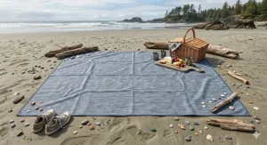 A high-resolution photo of a waterproof oversized outdoor blanket with sand-proof lining, spread on a beach in Tofino, BC, during a family picnic.
