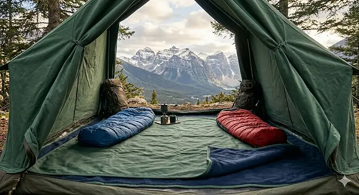 A 4K photorealistic image showing a massive utility-sized, green canvas oversized outdoor blanket with a rugged insulated lining spread out to cover the entire floor inside a camping tent in the Canadian Rocky Mountains. safe baby blankets