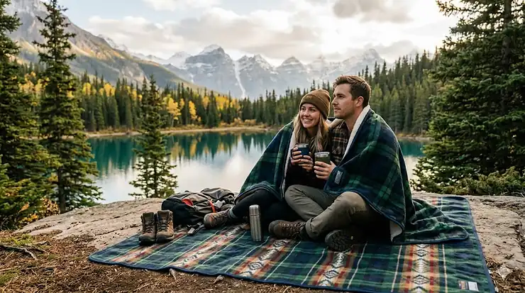 A couple cozying up on a large plaid oversized outdoor blanket while looking out at Moraine Lake in Banff National Park, Canada. oversized outdoor blankets