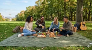 A group of four diverse friends relax on a green canvas oversized outdoor blanket during an extensive autumn picnic in Mount Royal Park, Montreal.