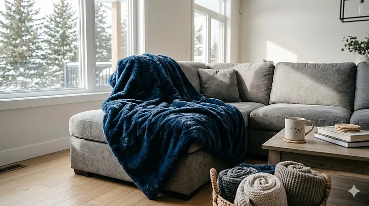An oversized blue faux fur throw blanket draped over a modern grey sectional couch in a bright Canadian living room. The scenic window view suggests a cozy winter atmosphere, emphasizing the warmth and comfort of the product for the Canadian market.