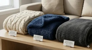 Detailed infographic showing textures of common Canadian materials for oversized throw blankets for couch: chunky cable knit, navy blue faux shearling (mouton retourné), and heavy charcoal fleece, with bilingual (EN/FR) labels.