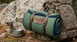 A photorealistic close-up of a rolled-up oversized outdoor blanket secured by integrated leather compression straps and clipped to a rugged hiking backpack at a Canadian campsite.
