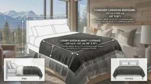 Illustration showing the exact dimensions of luxury queen size blankets for standard Canadian bed frames.