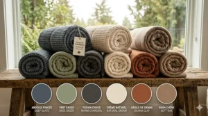 A color swatch illustration displaying trending earth tones for queen size blankets in modern Canadian interior design.