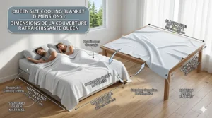 Size chart for a queen-sized cooling blanket for hot sleepers, showing standard Canadian bed dimensions in inches and cm.