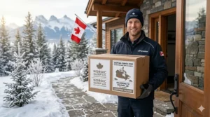 Map of Canada with a delivery truck, highlighting fast shipping for California King bedding from BC to Newfoundland.