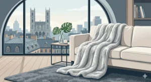 An elegant illustration of a high-end Montreal apartment living area, featuring a super soft, grey faux fur luxury king size blanket draped over a velvet sofa, looking out at the Old Montreal skyline and Notre-Dame Basilica.