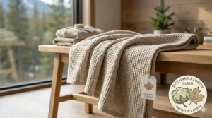 An eco-friendly luxury queen size blanket made from organic cotton, perfect for a sustainable Canadian home.