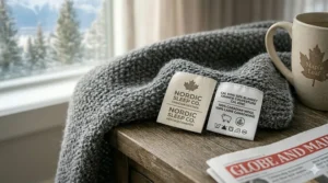 Eco-friendly icons showing organic cotton and wool materials used in premium Canadian Cal King blankets.
