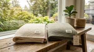 A minimalist illustration of eco-friendly, organic cotton queen size blankets, popular in urban Canadian markets like Vancouver and Toronto.