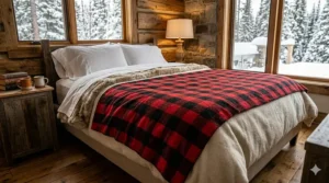 A thick, red plaid flannel queen blanket used in a Canadian timber-frame cottage for ultimate winter warmth.