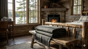 A heavy luxury queen size blanket folded on a wooden bench in a rustic Muskoka-style cottage.