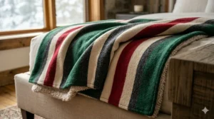 A premium wool-blend queen blanket featuring a classic Canadian-inspired stripe pattern for natural winter insulation.