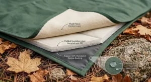 A photorealistic cutaway diagram illustrating the three material layers of a waterproof oversized outdoor blanket, emphasizing the rugged ripstop waterproof backing.