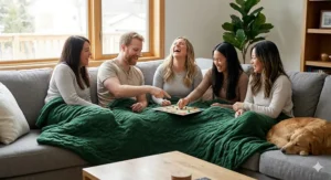 A photorealistic 4K image capturing a multi-generational Canadian family (five people) bundled together under a thick, dark grey chunky-knit oversized blanket in a cozy log cabin living room. The family is sharing a book on a leather sofa by a roaring stone fireplace while a snowstorm covers the pine trees outside the large window. The natural light highlights the rich textures of the blanket, wood, and snow, illustrating the ultimate winter comfort.