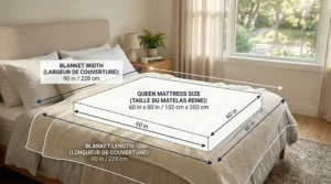 A high-detail 4K photograph featuring a hand touching the surface of an off-white cotton waffle knit lightweight bed blanket queen size. Overlaid is a bilingual certification badge (English/French) indicating 'Hypoallergenic' and safe for sensitive skin.
