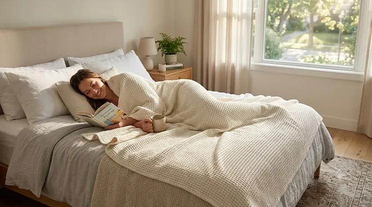 A cheerful woman reading in bed, covered by an off-white cotton waffle-knit lightweight bed blanket queen size in a sunlit bedroom.