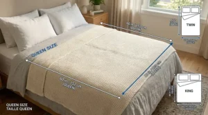 A bilingual illustration (English and French) showing the exact dimensions (inches and cm) of a lightweight bed blanket queen size, suitable for standard Canadian queen beds.