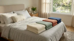 A high-detail 4K photograph detailing the care instructions for a lightweight cotton waffle-knit bed blanket queen size. The image features clear bilingual icons and text for machine wash and dry, set within the cozy, naturally lit bedroom environment.