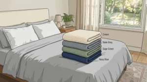 A detailed close-up illustration focusing on the intricate waffle weave texture of a lightweight bed blanket queen size, showing the breathable 100% cotton fibers.