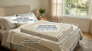 A photorealistic layering guide illustrating a lightweight cotton waffle-knit bed blanket queen size in three seasonal setups: Summer (lightest), Spring/Fall (medium), and Winter (layered) on a bed with natural light, featuring bilingual labels.