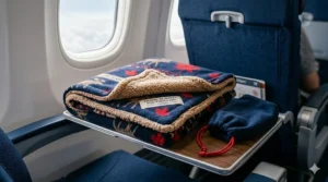 A patterned toddler travel blanket and its navy blue packing pouch resting on an airplane tray table next to a window overlooking the clouds.