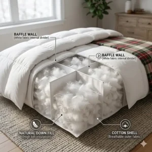 An anatomical illustration 3 of a Canadian down comforter showing baffle-box construction and fluffy insulating fill for maximum warmth.