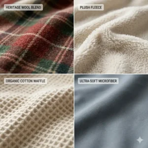 A detailed photorealistic texture comparison illustration showcasing heritage wool, fleece, cotton waffle, and microfiber bed blanket materials for Canadian shoppers.