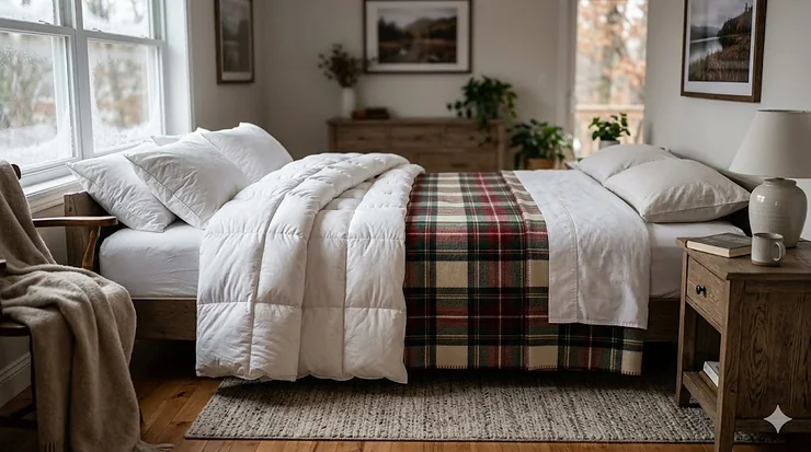 A cozy Canadian winter bedroom setup highlighting the differences between a thick down comforter and a classic wool bed blanket on a mattress. bed blanket vs comforter Canada