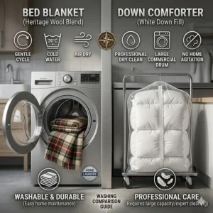 A photorealistic washing instructions comparison illustration 6 between a washable bed blanket and a professionally cleaned down comforter.