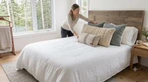 A diagram detailing a professional pillow arrangement, showcasing standard sleeping pillows layered behind decorative shams and accent cushions.