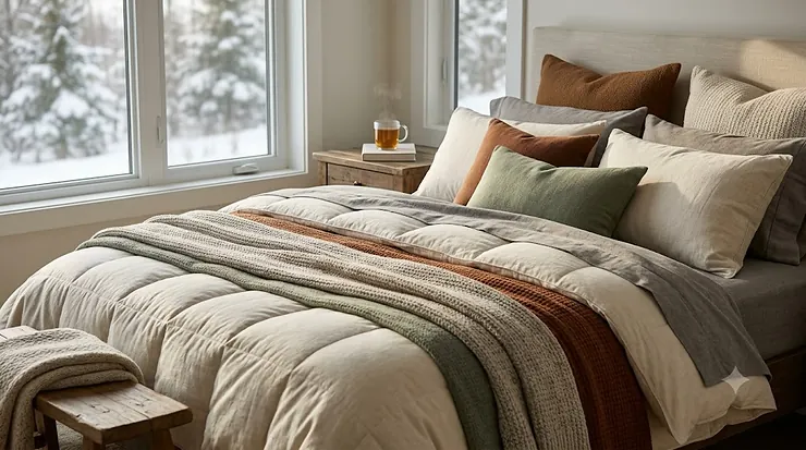Cozy modern bedroom styled with plush bedding layers for cold weather, featuring a thick down duvet and knit throw blankets, looking out onto a snowy Canadian winter landscape.