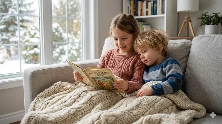 Happy Canadian kids playing inside a homemade blanket fort using warm fleece and cotton sheets for indoor winter fun. best kids blankets