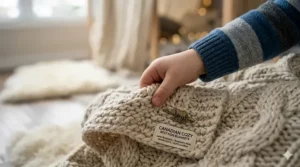 Close-up of a smiling young toddler wrapped in a soft, organic cotton kids blanket with a neutral sheep print pattern.