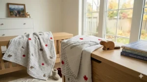 An explanatory diagram showing airflow through layered open-weave muslin fabric, a key safety feature of the best toddler blankets.