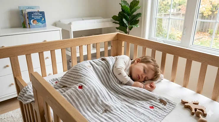 A toddler sleeping soundly in a wooden crib under one of the best toddler blankets made from breathable organic cotton in a bright Canadian home nursery.