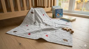 A high-quality toddler blanket featuring a modern Canadian woodland print with cute illustrations of beaver, moose, and maple leaf motifs.