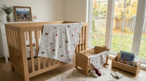 A clear size chart diagram comparing standard crib blankets, stroller blankets, and the best toddler blankets dimensions in inches and centimeters.