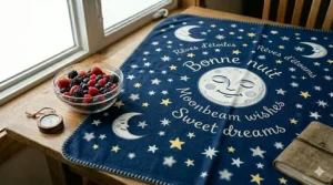 Bilingual French and English starry night design with 'Bonne nuit' text on inclusive themed blankets for kids tailored for the Canadian market.