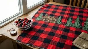 Classic red and black buffalo plaid pattern featuring a log cabin icon, showcasing cozy cottage-style themed blankets for kids in Canada.