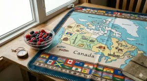 An educational and colorful illustrated map of Canada showing wildlife and landmarks on themed blankets for kids.